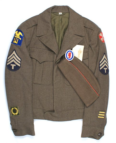 U.S. WWII Tech Sergeant Ike jacket 8th Army Amphibian: F-086 U.S. WWII Tech Sergeant "Ike" jacket. 8th Army, Engineer Amphibian shoulder patches, Tech Sergeant chevrons, Meritorious Service Unit badge and 2 o'seas bars. Also with Engineer Special Brigade'