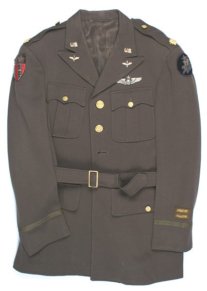 USAF WWII tunic 14th AF CBI: F-116 WWII USAF custom quality 4-pocket tunic. "US" and winged prop lapel insignia. Gilt Major maple leaf on each epaulette. Theatre made, excellent quality bullion embroidered 14th AF and CBI shoulde