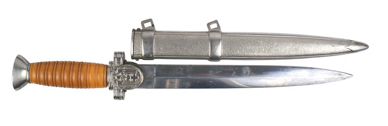German WWII Red Cross Sr. officer dagger: D-019 German WWII Red Cross Sr. officer dagger. Silvered pommel and crossguard with an oval langet holding an eagle/swastika/Geneva Cross. Probably was repaired and cleaned. 10" blade shows several su