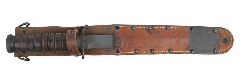 U.S. WWII M3 fighting knife U.S. M3-UC-1943: D-026 U.S. WWII M3 fighting knife. Blade is parkerized and marked "U.S. M3 - UC- 1943" (made by Utica Cutlery). Finish worn from the tip. Back top of leather rings has a 1/2" crack. With a 1943 develo