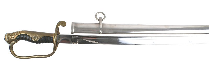 Japanese WWII Army dress sword: D-094 Japanese WWII Army dress sword. Floral decorated brass back strap/pommel/reverse knuckle-bow and pierced floral guard. Wire wrapped "polished" black wood grip. About excellent. 30 1/2" slightly 