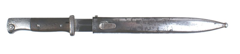 German WWII Mauser K98 bayonet: D-108 German WWII Mauser K-98 bayonet. Wood grips. Waffen marks on pommel. 80% original blue on the blade which is numbered "8190" and marked "P. WEYERSBERG". A patch of surface scratches and some wea