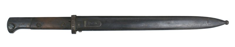 Czech Mauser Model VZ24 bayonet: D-133 Czech Mauser Model VZ24 bayonet. Excellent 11 3/4" blued blade - with cutting edge along top. Wood grips with blued pommel/crossguard (no muzzle ring) and scabbard. Frog hook marked with lion an