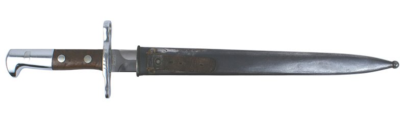 Swiss Schmidt Rubin M1937 bayonet: D-148 Swiss Schmidt - Rubin M1937 bayonet. Polished steel pommel and crossguard (numbered 105721). Excellent. 11 3/4" blade marked "ELSENER SCHWYZ". Blued steel scabbard with a flange and leather stra