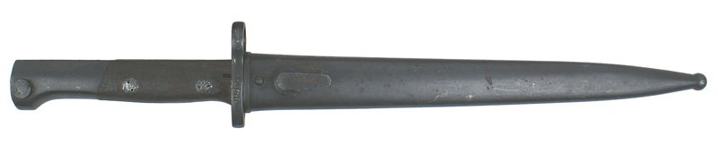 Yugoslav M1924/30 Mauser bayonet: D-149 Yugoslav M1924/30 Mauser bayonet. Blued pommel, crossguard/muzzle ring and scabbard. Matching numbers "17980". 9 3/4" excellent blued blade is marked in Cyrillic and "44". II+
