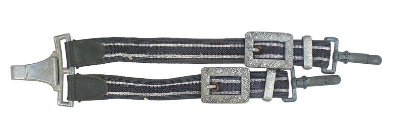 WWII Luftwaffe 2nd Model dagger hangers: D-154 German WWII Luftwaffe 2nd Model dagger hangers. Oak leaf decorated square buckles and slides. Pebbled snap hooks. Leather tabs on top of straps/belt snap. II