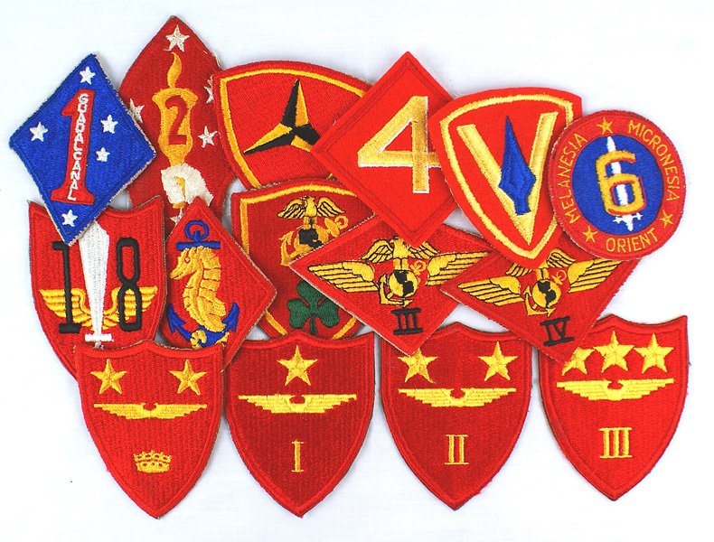 Lot of U.S. WWII USMC Division patches: H-146 Lot of USMC Division "patches": 1st, 2nd, 3rd, 4th, 5th, 6th; 18th Defense Bn., Ship's Detachment, Marine Detachment Londonderry, 3rd and 4th Air Wings, HQ USMC Aircraft Wings Pacific and 1st, 2
