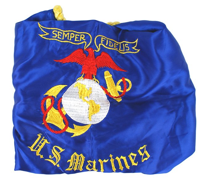 U.S. WWII US Marines pillow case: H-166 U.S. WWII "US Marines" souvenir pillow case. Heavy yellow cord border around a blue silk cover - with a colorful embroidery of an EGA with mottos. 18' x 18". I