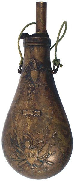 U.S. American peace flask reproduction: H-198 United States. American peace flask. American eagle, clasped hands within a sunburst/ring of stars and a panoply of weapons with a "U.S." shield. Aged brass finish. With a screw-out long pouring