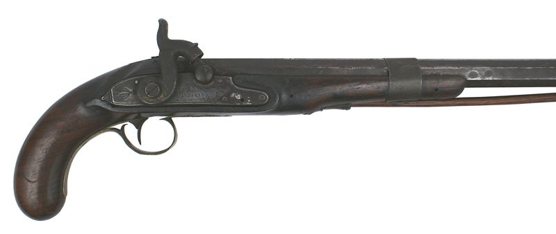 Pennsylvania Kentucky type percussion pistol: M-003 American made (Pennsylvania) Kentucky type long barrel percussion pistol. "SHARPE" flint lockplate with a percussion drum and hammer. 14 1/4" octagon barrel with a simple 1" wide iron band. Barr