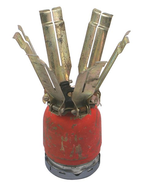 U.S. Anti-Personnel Fragmentation bomb: M-044 U.S. Anti-Personnel Fragmentation bomb. Red metal body marked "BOMB BDU 28/B LOT LO P-1-1 1/66". Used for training and instruction. Six metal "butterfly" metal arms that open when bomb is activa