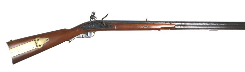 Modern reproduction U.S. M1803 Flintlock rifle: M-048 Modern reproduction of the U.S. M1803 Flintlock rifle. Part octagon/part round barrel, half stock. Lock is marked with an eagle and "NAVY ARMS CO" and "HARPERS FERRY 1803". Brass trigger guard, 
