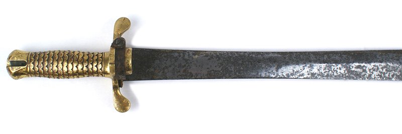 U.S. M1847 Musketoon sword bayonet: K-028 U.S. M1847 Sappers & Miners Musketoon sword bayonet. One-piece cast brass "fish scale" grip, rounded pommel (marked "A.D.K." and "R.H.K.W."), crossguard with turned-down round finials and a cent
