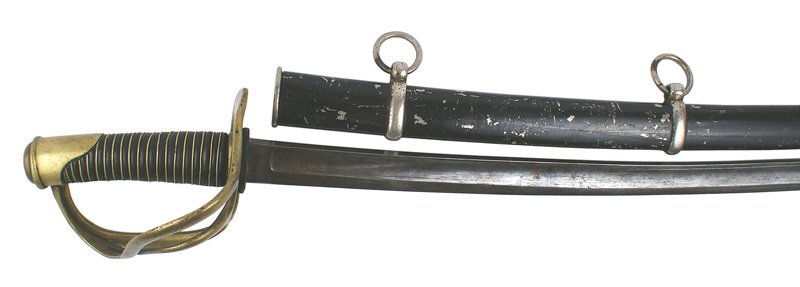U.S. M1840 wrist breaker cavalry sword: K-035 U.S. M1840 "wrist breaker" cavalry sword. Brass pommel and 3-branch guard. Old replaced brass wire wrapped leather grip. Unmarked, fairly clean 35 1/2" curved blade has grayed. Original leather 