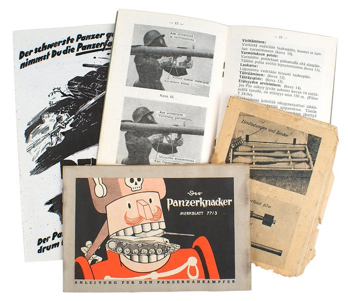 Lot of German WWII Panzerfaust booklets: Q-017 Lot of original period instructional material on operating the German "Panzerfaust". Includes: (1) "Panzerknacker", 1944 illustrated booklet on the use of weapons against enemy tanks. 24 pages. 