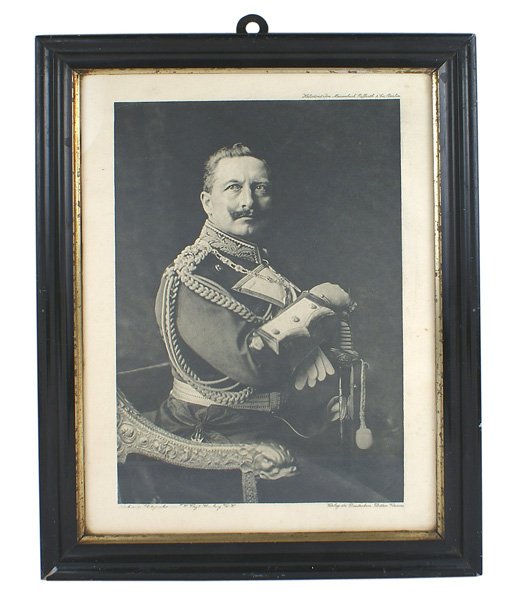 1912 portrait photo of Kaiser Wilhelm II: L-023 1912 portrait of Kaiser Wilhelm II in a Navy Admiral's uniform. From a photograph by T.H. Vogt and published by the German Fleet Association. In the original period frame. 15 1/2" x 11 7/8". II