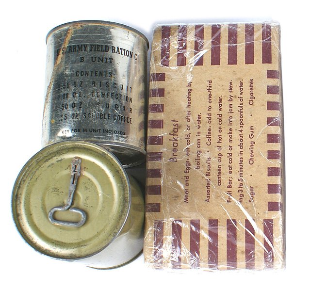 U.S. WWII Breakfast RATION TYPE K: N-051 Unopened box of U.S. WWII "Breakfast - RATION TYPE K". Also 2 unopened "C RATION" tins - "DINNER" and "B UNIT" (biscuit confection sugar and soluble coffee). Tins show some age. II