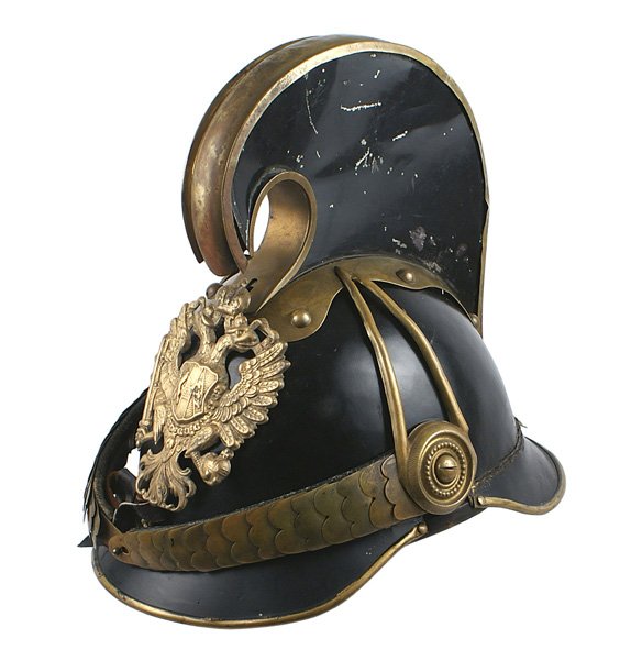 Austrian Dragoon M1905 NCO helmet: E-001 Austrian Dragoon M1905 Non-commissioned Officer's helmet. Black lacquered body with all brass trim, large double-headed dragoon eagle front plate, chinscales and side bosses with "teardrop" fixt