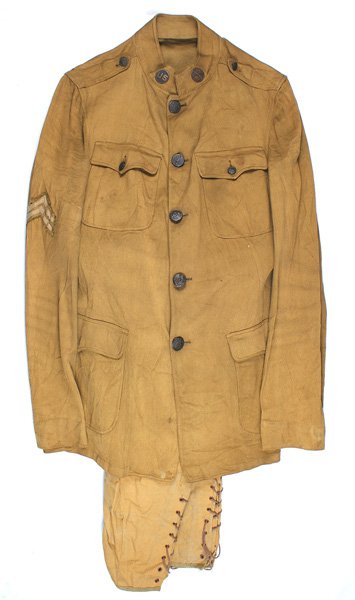 U.S. WWI 25th Machine Gun Company uniform: F-020 U.S. WWI 25th Regiment - Machine Gun Company uniform: Cotton four-pocket stand-up collar tunic. Has both collar discs - "US" and "25"/crossed rifles/"MG". Corporal chevron on right arm. Very goo