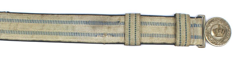 German WWI Bavarian officer dress belt: F-084 German WWI Bavarian officer's dress belt and buckle. Stippled silver bullion facing with 2 "broken" horizontal blue lines - wit ha dark blue backing. Age toned silver relief circular buckle with