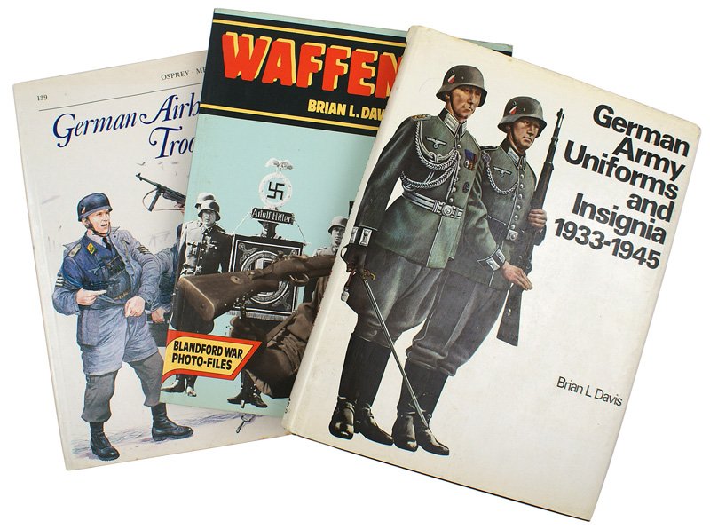 Lot of 3 German Uniforms Insignia reference book: I-055 Lot of 3: (1) "German Army Uniforms and Insignia 1933-1945" by Brian L. Davis. Published in 1979. Photo and color charts, illustrations and a German/English glossary. 224pp. With book jacket. Ex