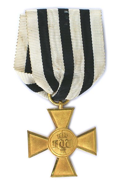 Prussian 25-year Service Cross Gold Medal: B-004 Prussian 25-year Service Cross - Gold. Obverse bears a crowned cipher "FCW II" (Friedrich Wilhelm III). Reverse has "XXV". With a non-combatant ribbon. Excellent quality and condition. I