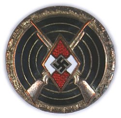 German WWII H.J. Sharpshooter Badge: B-057 German WWII H.J. Sharpshooter Badge. Same as above - but with silvered rifles and a silvered oak leaf border (some wear). Reverse marked "RZM M1/63". II