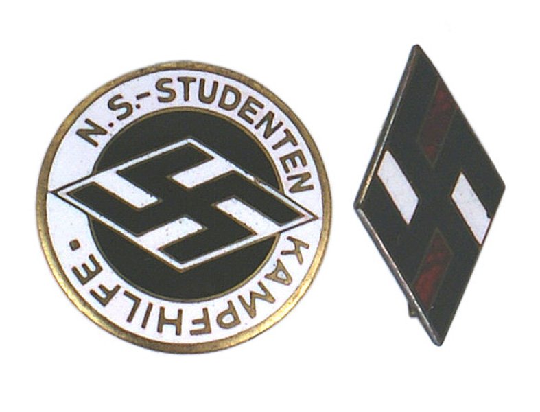 Lot 2 German WWII Studentenbund badges: B-058 Lot of 2 German WWII Studentenbund enameled badges: (1) Member's lapel badge. Diamond shaped black swastika on red/white panels. Marked "RZM M1/15". (2) "N.S. STUDENTEN KAMPHILFE" (War Helper). 