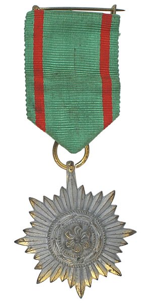 German WWII Eastern Peoples Medal 2nd Class: B-236 German WWII Eastern People's Bravery Medal - 2nd Class. 25% of the gold finish remains. Ring stamped "100" (Rudolf Wachtler & Lange in Mittweida i. Sa.). Pin-back green ribbon with red stripes. 