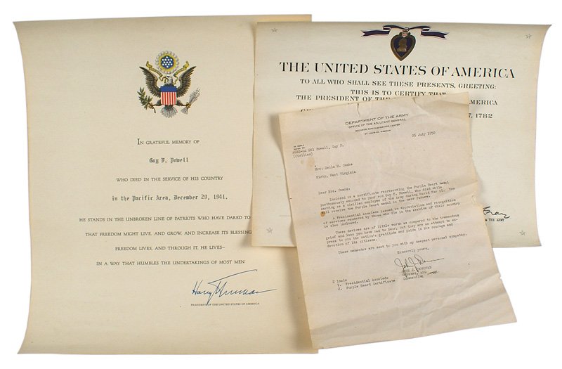 U.S. WWII Purple Heart document etc: B-309 U.S. Purple Heart document for Guy F. Powell, a civilian Army employee - awarded while stationed at Fort Mills Corregidor. Powell was wounded during the Japanese invasion and died on 29 December