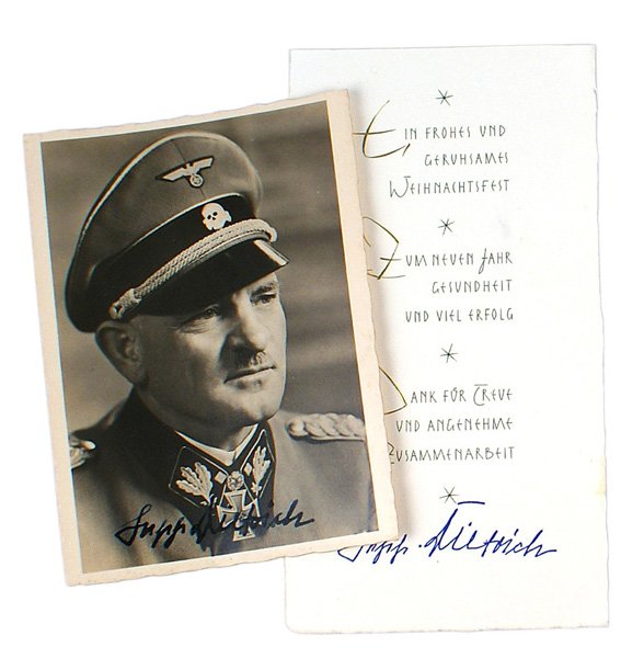 Ink signed SS Obergruppenfuhrer Sepp Dietrich post card: S-011 Ink signed SS Obergruppenfuhrer "Sepp Dietrich" photo post card. Also with an ink autographed post-war Christmas/Thank You card. II