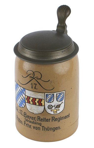 Mettlach 17th Cavalry Regiment crockery stein: A-036 Mettlach 17th Cavalry Regiment glazed crockery stein - named to "Rittm. Frhr. von Thungen". Also with "RR17" over three colorful enameled shields (Bavarian district, Greater Bavaria) and "6. Esk