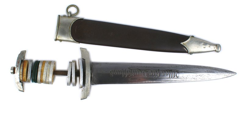 German WWII SA dagger: D-003 German WWII SA dagger. Missing wood grip - has series of oval metal buffers. Crossguards show scratches, lower one marked "B". Reverse of the "E. "Pack & Sohn" blade was buffed - may have been a