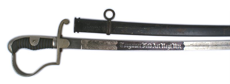 Prussian Artillery Junkersabel sword: D-037 Prussian Artillery "Junkersabel". Age toned nickeled pommel/backstrap, reverse "P" knuckle bow and crossguard langets (marked "1.47"). Wire wrapped sharkskin grip. 32 3/4" clean curved blade eng