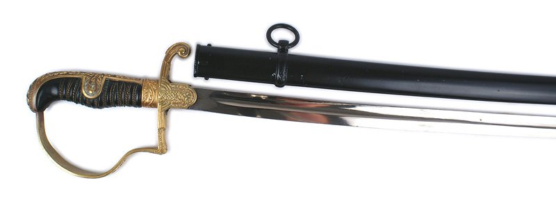 German WWII Wrangel Army sword: D-045 German WWII "Wrangel" pattern Army officer dress sword. High relief oak leaf decorations on brass pommel, back strap, and reverse "P" knuckle bow. Relief eagle /swastika (with thing wings) on sh