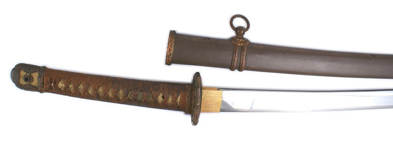 Japanese Army WWII Katana samurai sword: D-051 Japanese Army WWII Katana. Excellent 26" mirror finish blade with a straight temper line. Gilt habaki. Tang is signed "YOSHITOMO". Brown cord wrapped white sharkskin grip - shows some wear. Stan