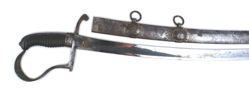 Austrian M1837 officer saber sword: D-057 Austrian M1837 officer's saber. Steel backstrap/pommel, high angled reverse "P" knuckle bow and crossguard with shield-shaped langet. Black leather grip. 32" curved blade is basically clean, but