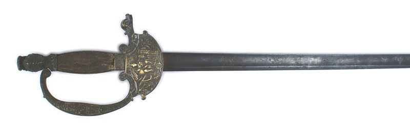 French Napoleonic Navy officer sword: D-061 French Napoleonic ranking Navy officer's dress sword. Age darkened brass knight's helmet pommel, leaf decorated side straps and reverse "D" knucklebow with a lion head/trident - "rolled" beehive