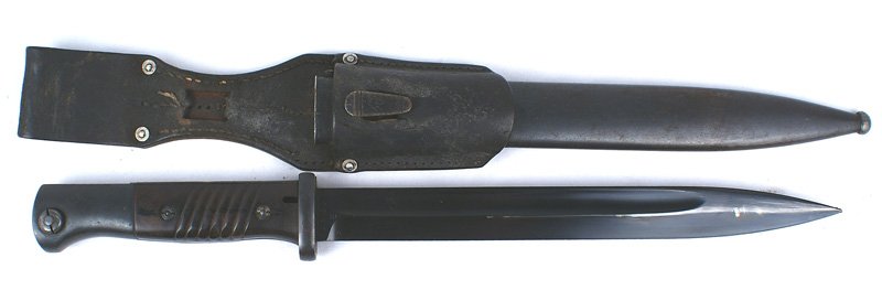 German WWII K-98 Mauser bayonet: D-072 German WWII K-98 Mauser bayonet - with most of the blue on the fittings. 98% dark bluing on the 9 7/8" blade. Marked "1965E" and "RICH.A.HERDER". Blued scabbard is marked "1048d" and "J.Sch 1937