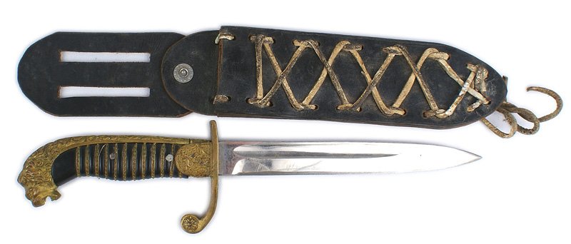 Imperial Bavarian sword cut down knife: D-170 Combat knife made from a cut-down Imperial Bavarian sword. "Lion head" pommel/floral backstrap. Wire wrapped horn grip. Crossguard has been inverted making the Bavarian lion langet upside-down. 