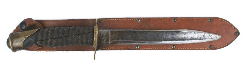American Civil War Cavalry sword cut down knife: D-174 American Civil War Cavalry sword cut down to a 8 1/2" knife blade. Maker marked "...AMES...CHICKOPEE MASS" and "US - GCS - 1861". Dark areas from age. Guard has been altered to a 2 7/8" oval. Br