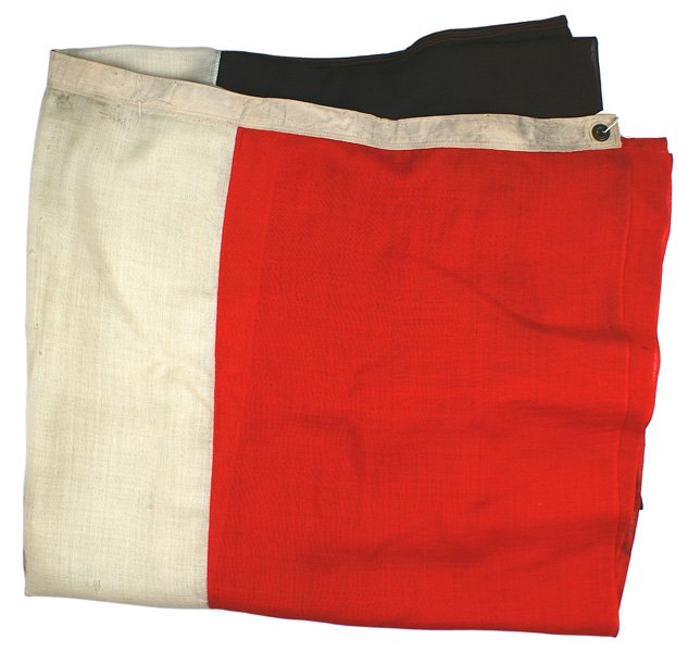 Reichswehr National German Colors flag: H-057 Reichswehr National German Colors flag. Black/whey/red horizontal panels. Brass grommets in 2 corners. 53" x 49". Shows some wear. About II