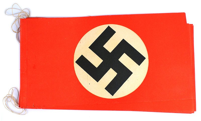 Lot of 10 period Nazi paper flags: H-062 Lot of 10 period Nazi paper flags. All string connected - used as a wall decoration. Each measures 4 3/4" x 9 1/8". I