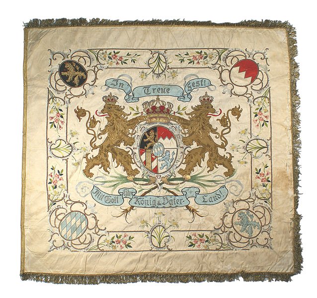 Imperial Bavarian Soldiers and War Veterans standard: H-133 Imperial Bavarian "Soldiers and War Veterans" standard. Exquisite colorful embroidery of the state coat-of-arms (two crowned gold lions with bullion highlights, holding a bullion/velvet crowned 