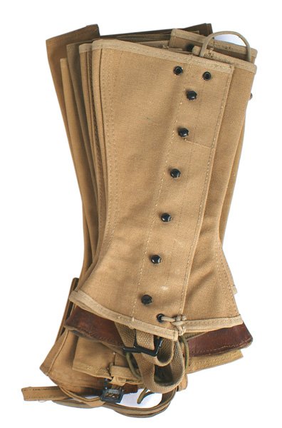 Lot of 4 U.S. pairs of leggings SpanAm etc: N-045 Lot of 4 U.S. pairs of leggings: (1) Spanish American War era. Leather bottom strap missing on one - both soiled. (2) Two WWI pairs - one set marked "H. JACOB & SONS, INC 1918..." (excellent); t