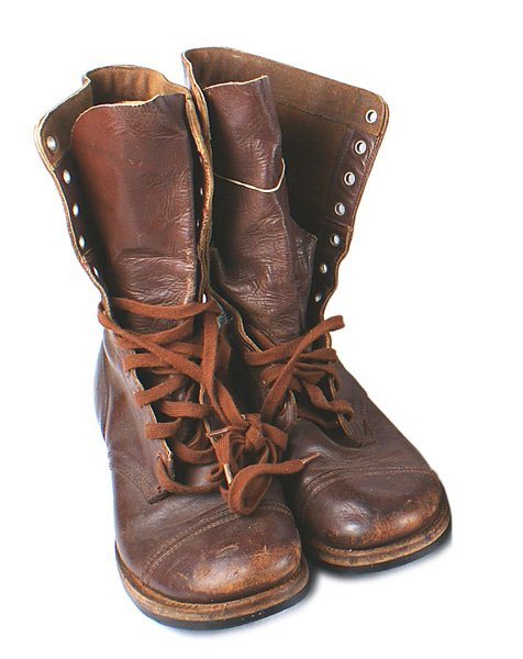 First type U.S. WWII paratrooper jump boots: N-054 First type U.S. WWII paratrooper jump boots. Brown leather lace-up with a high dome toe. Rubber soles and heels marked "BFG". Size 8 1/2D. II
