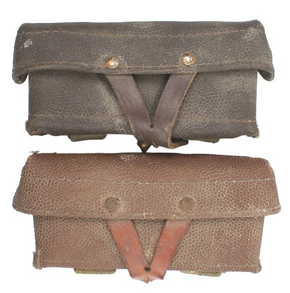 Lot of 2 Soviet Post-WWII cartridge pouches: N-072 Lot of two Soviet Post-WWII cartridge pouches. Pigskin with web belt loops and "Y" leather retaining strap. II