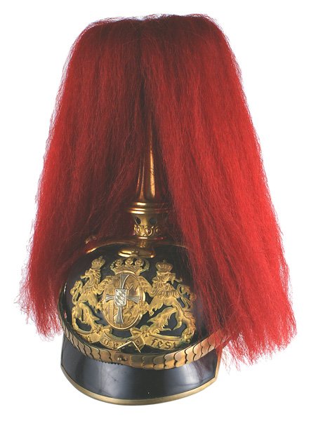 Bavarian Artillery Regiment officer parade helmet: E-003 Imperial German Bavarian Artillery Regiment officer's parade helmet. Excellent solid black leather body except for the cracked veneer finish on the left back side of the helmet. Gilt brass conve