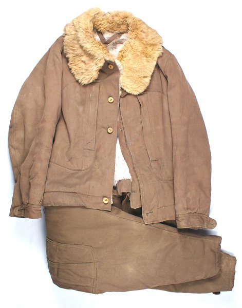 Japanese Air Force WWII flying suit: F-054 Japanese Air Force WWII high altitude 2-piece rabbit fur lined flying suit: (1) Waist length jacket with a five wooden button (one missing) front and two large zipper pockets. Fur lined collar a