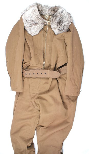 Japanese WWII aviator suit: F-055 Japanese WWII "new type", winter lamb's wool lined, one-piece aviator suit. Large collar is lined with rabbit fur. Two large zipper chest pockets and two side zipper pockets. Wide cloth belt wit